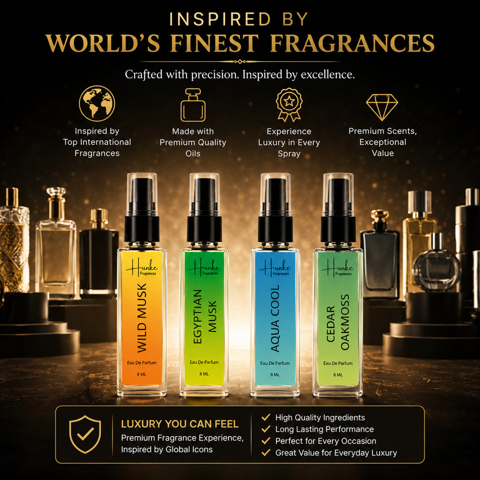 HUNKE EDP Inspired Perfume Set for Men & Women | Set of 4 Premium Long Lasting Fragrances | 8 ml Each | Travel Size Mini Perfume Gift Set | Eau de Parfum Collection - Aqua Cool, Wild Musk, Egyptian Musk, Cedar Oakmas