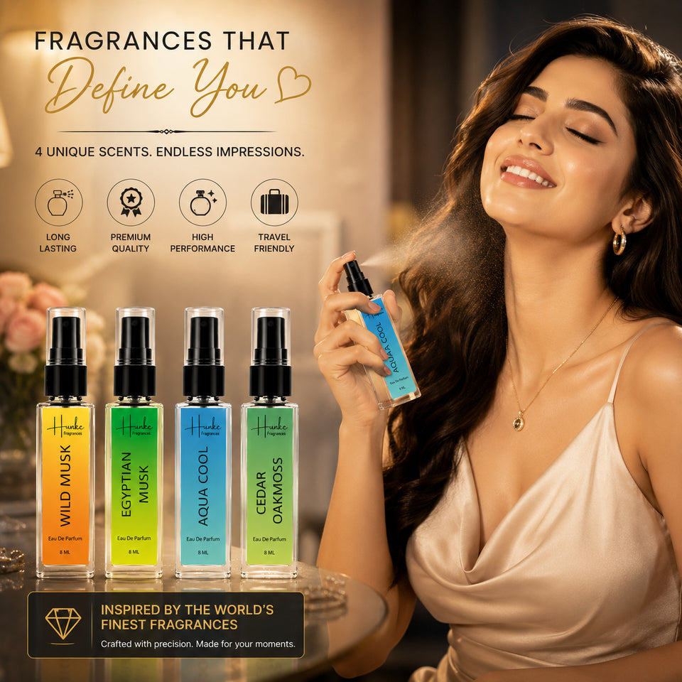 HUNKE EDP Inspired Perfume Set for Men & Women | Set of 4 Premium Long Lasting Fragrances | 8 ml Each | Travel Size Mini Perfume Gift Set | Eau de Parfum Collection - Oud Noir, Oud Twist, Oud Al grhm, Black Oud