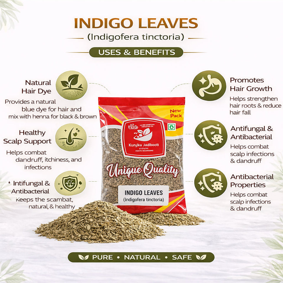 Kunjika Jadibooti Indigo Leaves | For Natural Hair Colour, Smooth & Shiny Hair | Fresh Dry Raw Herbs, Ayurvedic Jadibooti - 100 gm