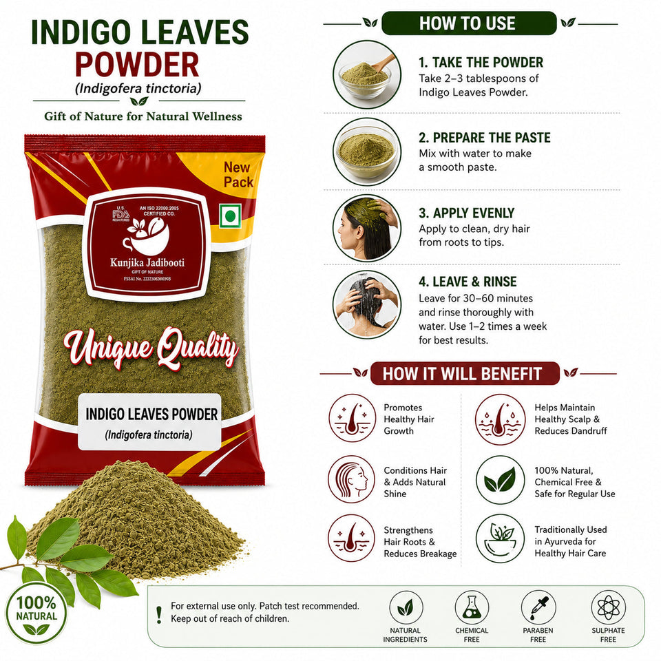 Kunjika Jadibooti Indigo Leaves Powder | For Natural Hair Colour, Smooth & Shiny Hair | Fresh Dry Raw Herbs, Ayurvedic Jadibooti Powder - 100 gm