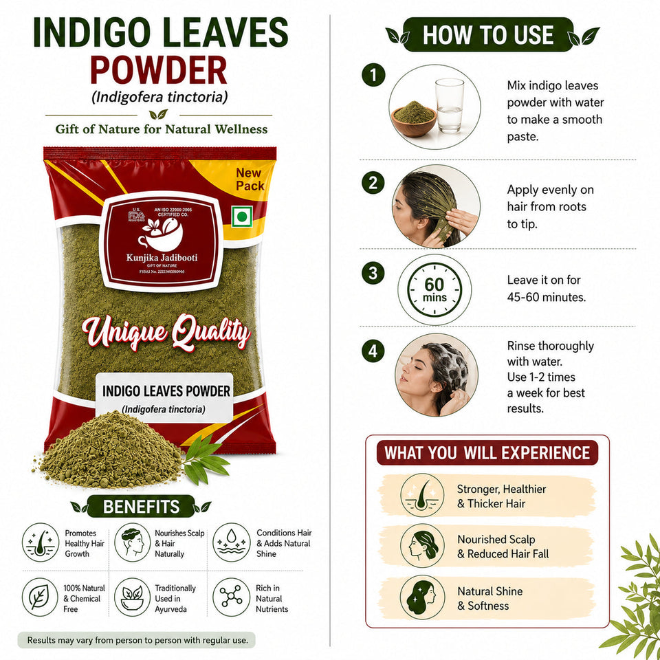 Kunjika Jadibooti Indigo Leaves Powder | For Natural Hair Colour, Smooth & Shiny Hair | Fresh Dry Raw Herbs, Ayurvedic Jadibooti Powder - 100 gm