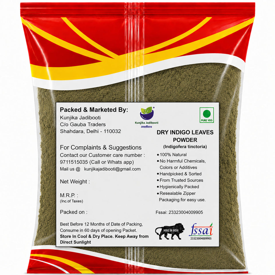 Kunjika Jadibooti Indigo Leaves Powder | For Natural Hair Colour, Smooth & Shiny Hair | Fresh Dry Raw Herbs, Ayurvedic Jadibooti Powder - 100 gm