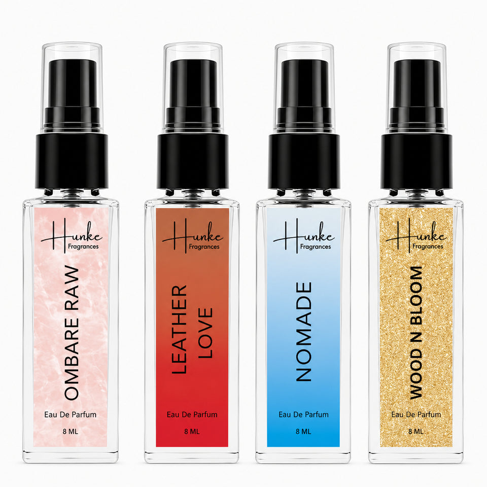 HUNKE EDP Inspired Perfume Set for Men & Women | Set of 4 Premium Long Lasting Fragrances | 8 ml Each | Travel Size Mini Perfume Gift Set | Eau de Parfum Collection - Ombre Raw, Leather Love, Nomade, Wood n bloom