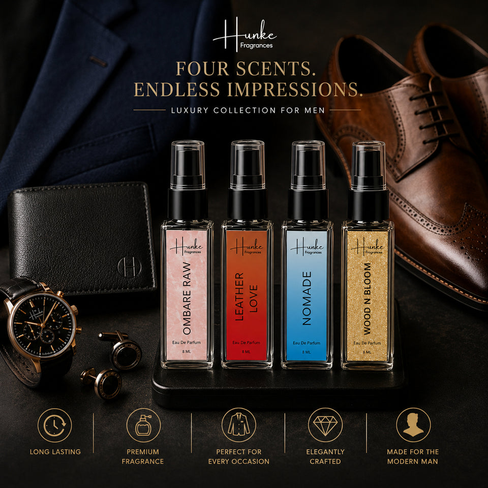 HUNKE EDP Inspired Perfume Set for Men & Women | Set of 4 Premium Long Lasting Fragrances | 8 ml Each | Travel Size Mini Perfume Gift Set | Eau de Parfum Collection - Ombre Raw, Leather Love, Nomade, Wood n bloom