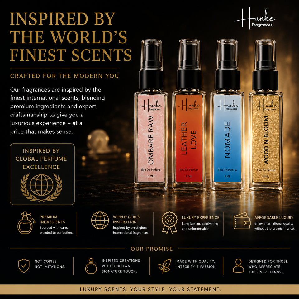 HUNKE EDP Inspired Perfume Set for Men & Women | Set of 4 Premium Long Lasting Fragrances | 8 ml Each | Travel Size Mini Perfume Gift Set | Eau de Parfum Collection - Ombre Raw, Leather Love, Nomade, Wood n bloom