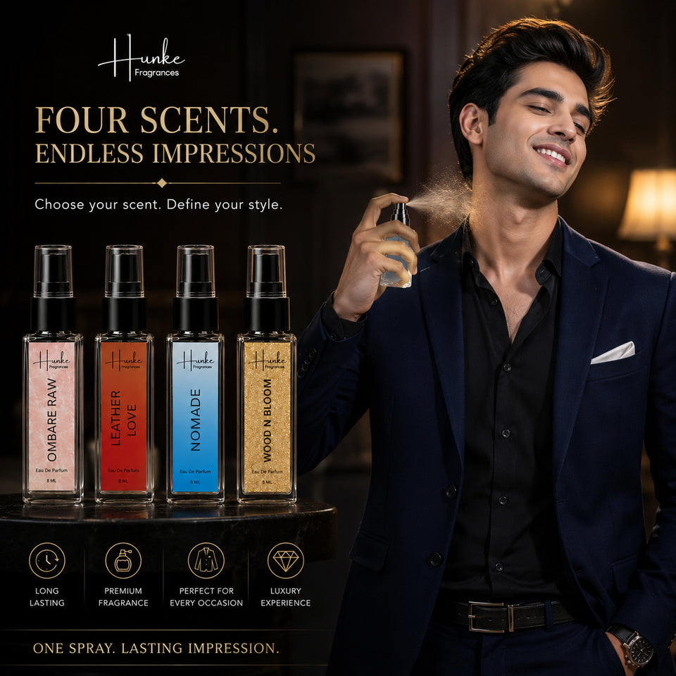 HUNKE EDP Inspired Perfume Set for Men & Women | Set of 4 Premium Long Lasting Fragrances | 8 ml Each | Travel Size Mini Perfume Gift Set | Eau de Parfum Collection - Ombre Raw, Leather Love, Nomade, Wood n bloom