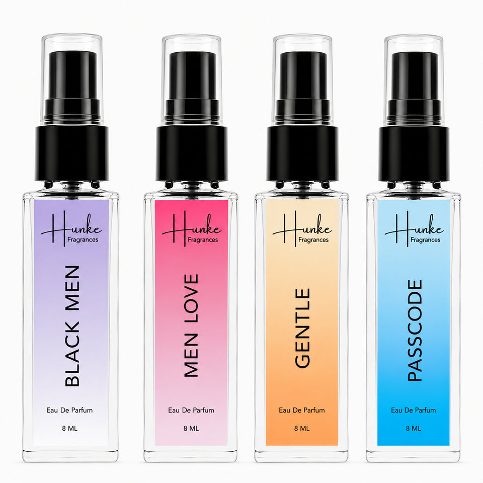 HUNKE EDP Inspired Perfume Set for Men & Women | Set of 4 Premium Long Lasting Fragrances | 8 ml Each | Travel Size Mini Perfume Gift Set | Eau de Parfum Collection - Passcode, Gentle, Black Men, Men Love