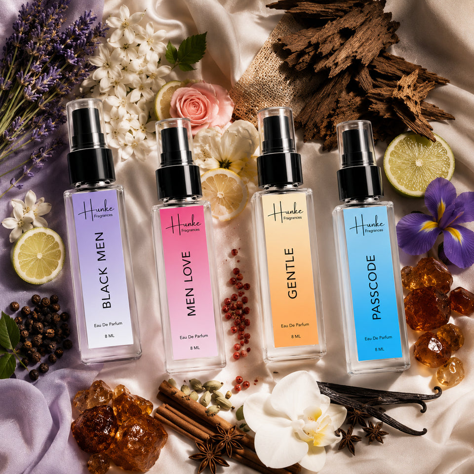 HUNKE EDP Inspired Perfume Set for Men & Women | Set of 4 Premium Long Lasting Fragrances | 8 ml Each | Travel Size Mini Perfume Gift Set | Eau de Parfum Collection - Passcode, Gentle, Black Men, Men Love