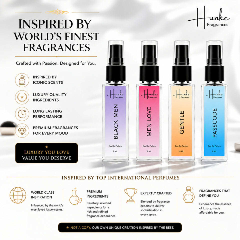 HUNKE EDP Inspired Perfume Set for Men & Women | Set of 4 Premium Long Lasting Fragrances | 8 ml Each | Travel Size Mini Perfume Gift Set | Eau de Parfum Collection - Passcode, Gentle, Black Men, Men Love