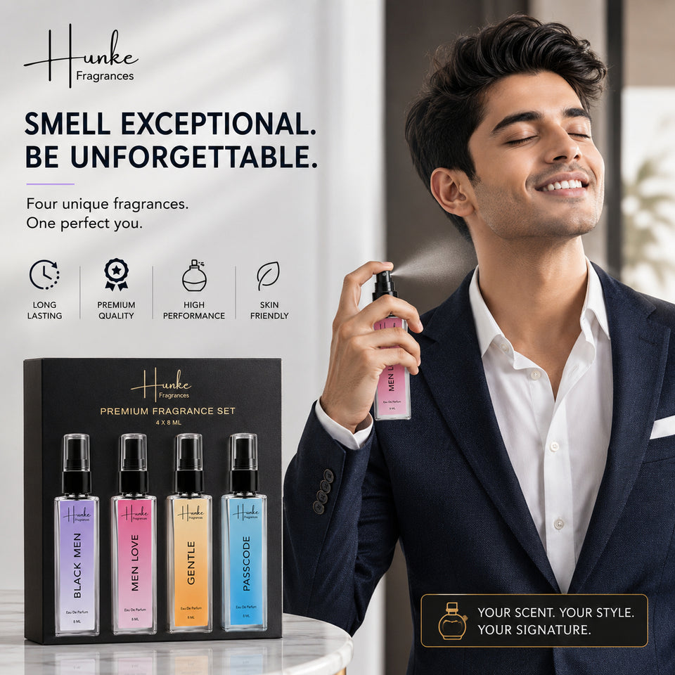 HUNKE EDP Inspired Perfume Set for Men & Women | Set of 4 Premium Long Lasting Fragrances | 8 ml Each | Travel Size Mini Perfume Gift Set | Eau de Parfum Collection - Passcode, Gentle, Black Men, Men Love