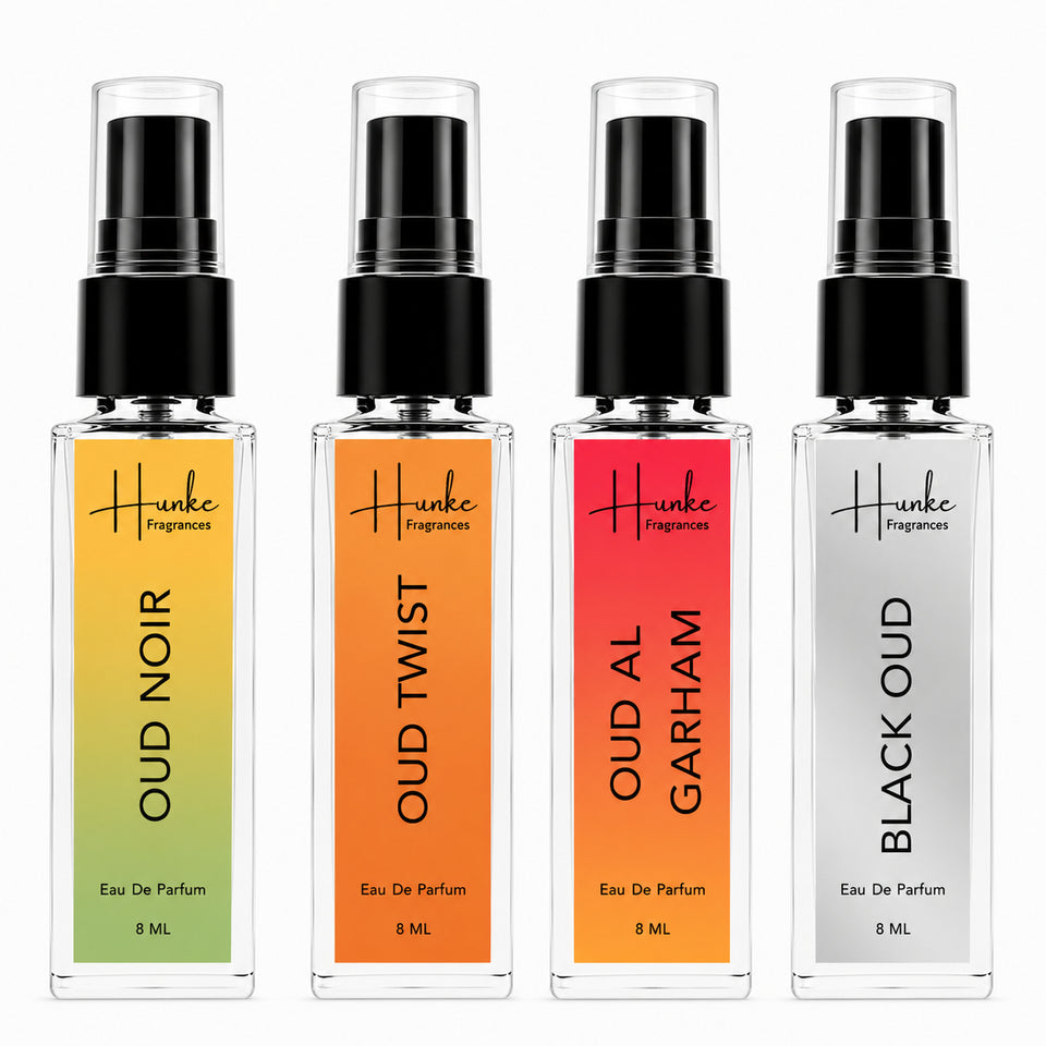 HUNKE EDP Inspired Perfume Set for Men & Women | Set of 4 Premium Long Lasting Fragrances | 8 ml Each | Travel Size Mini Perfume Gift Set | Eau de Parfum Collection - Oud Noir, Oud Twist, Oud Al grhm, Black Oud