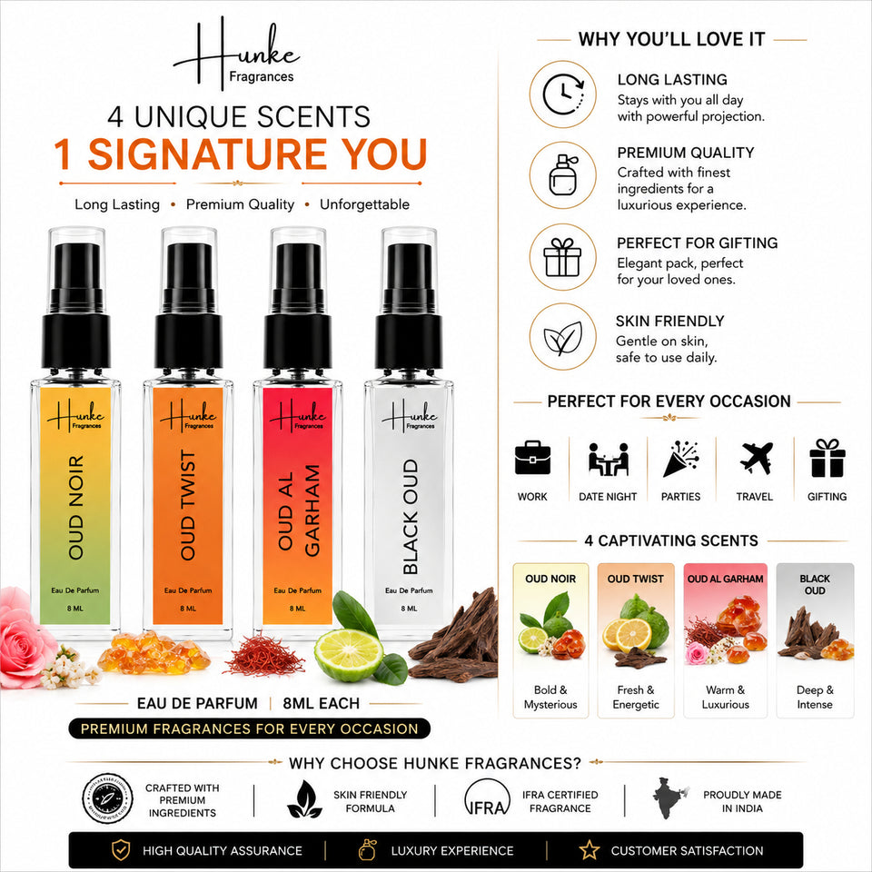 HUNKE EDP Inspired Perfume Set for Men & Women | Set of 4 Premium Long Lasting Fragrances | 8 ml Each | Travel Size Mini Perfume Gift Set | Eau de Parfum Collection - Oud Noir, Oud Twist, Oud Al grhm, Black Oud