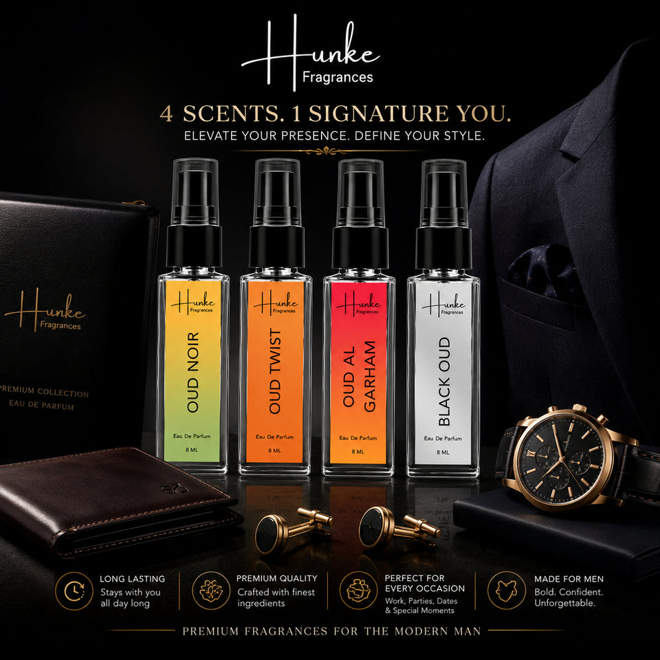 HUNKE EDP Inspired Perfume Set for Men & Women | Set of 4 Premium Long Lasting Fragrances | 8 ml Each | Travel Size Mini Perfume Gift Set | Eau de Parfum Collection - Oud Noir, Oud Twist, Oud Al grhm, Black Oud