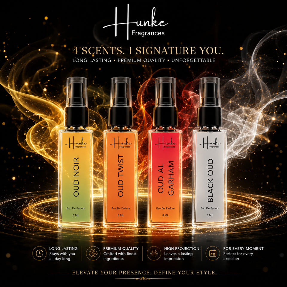 HUNKE EDP Inspired Perfume Set for Men & Women | Set of 4 Premium Long Lasting Fragrances | 8 ml Each | Travel Size Mini Perfume Gift Set | Eau de Parfum Collection - Oud Noir, Oud Twist, Oud Al grhm, Black Oud