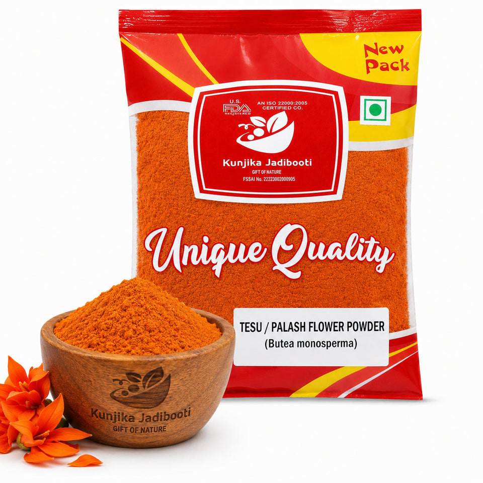Kunjika Jadibooti Dry Tesu Ke Phool Powder - Palash Ke Phool - Dhak Ke Phool - Bute a Monosperma - Tesu phool - Phool Tesu - Dhak Phool Powder - 100 gm