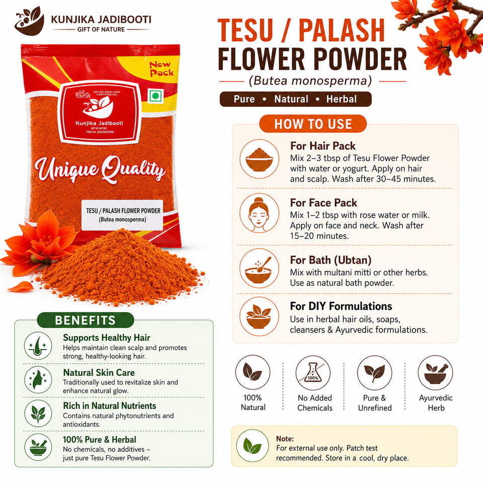 Kunjika Jadibooti Dry Tesu Ke Phool Powder - Palash Ke Phool - Dhak Ke Phool - Bute a Monosperma - Tesu phool - Phool Tesu - Dhak Phool Powder - 100 gm