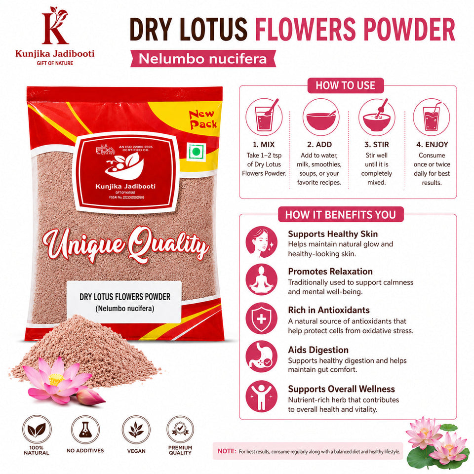 Kunjika Jadibooti Dried Natural Lotus Petal Powder - Nelumbo Nucifera - kamal phool patti - Dry Lotus Flower Powder For Aurvedic Purpose - 100 gm