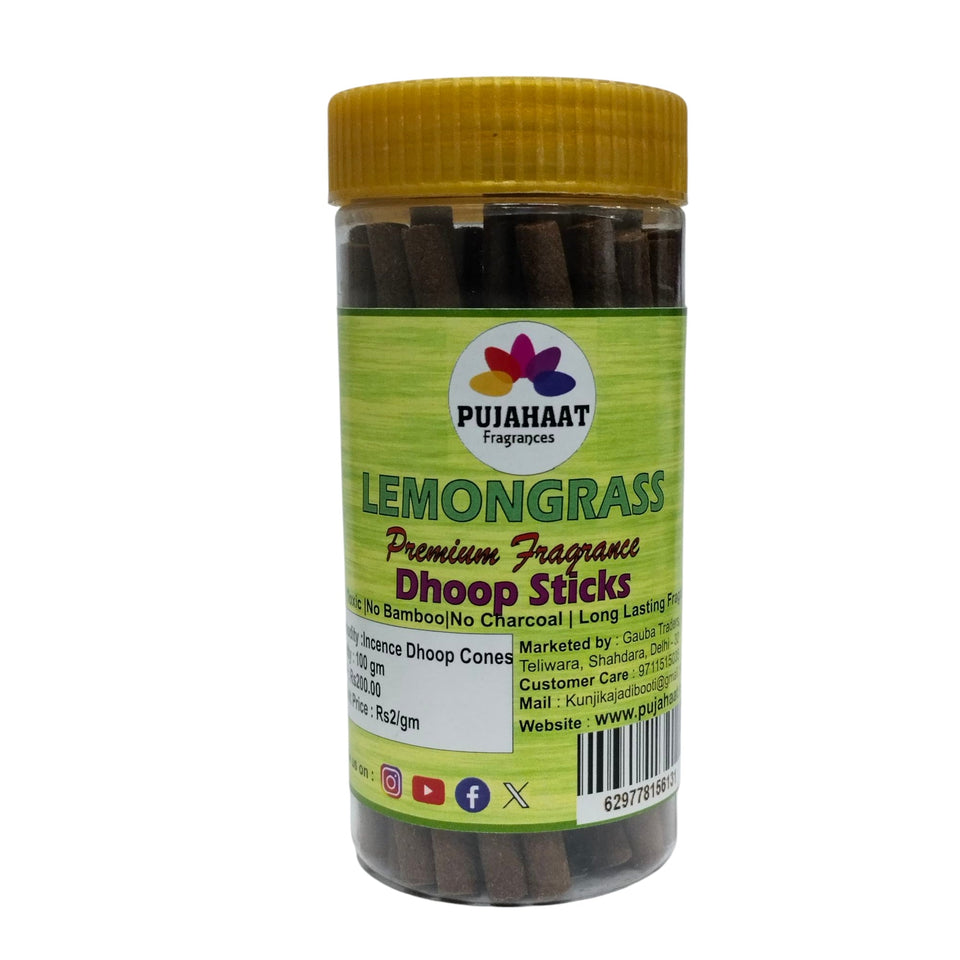 Pujahaat Lemongrass Rare Premium Scented Incense Stick | Dry Dhoop Stick | No Charcoal, Bambooless | Dhoop Batti 4 inches with free Holder - Lemongrass Fragrance