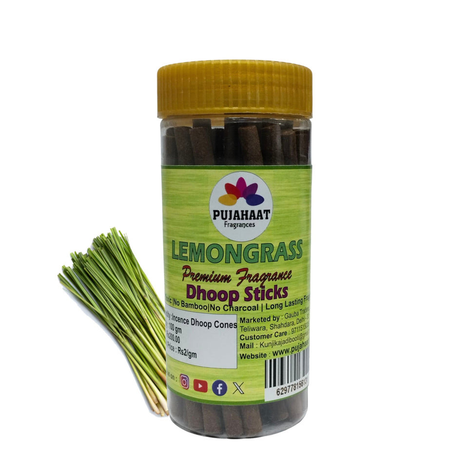 Pujahaat Lemongrass Rare Premium Scented Incense Stick | Dry Dhoop Stick | No Charcoal, Bambooless | Dhoop Batti 4 inches with free Holder - Lemongrass Fragrance