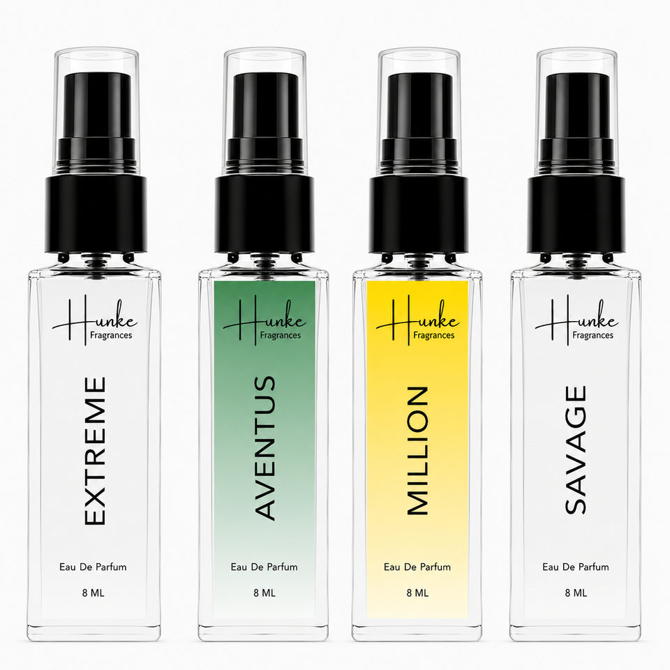 HUNKE EDP Inspired Perfume Set for Men & Women | Set of 4 Premium Long Lasting Fragrances | 8 ml Each | Travel Size Mini Perfume Gift Set | Eau de Parfum Collection - Extreme, Aventus, Million, Savage