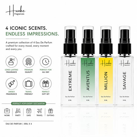HUNKE EDP Inspired Perfume Set for Men & Women | Set of 4 Premium Long Lasting Fragrances | 8 ml Each | Travel Size Mini Perfume Gift Set | Eau de Parfum Collection - Extreme, Aventus, Million, Savage