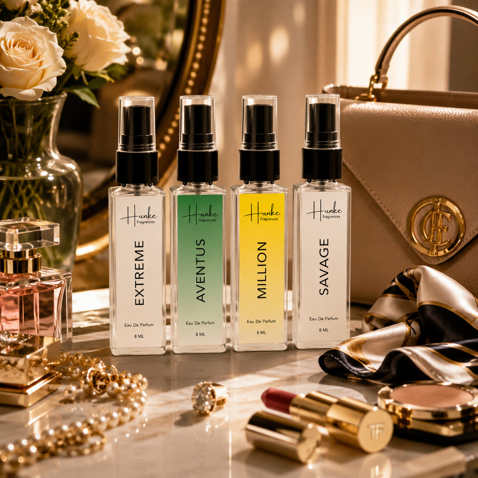 HUNKE EDP Inspired Perfume Set for Men & Women | Set of 4 Premium Long Lasting Fragrances | 8 ml Each | Travel Size Mini Perfume Gift Set | Eau de Parfum Collection - Extreme, Aventus, Million, Savage