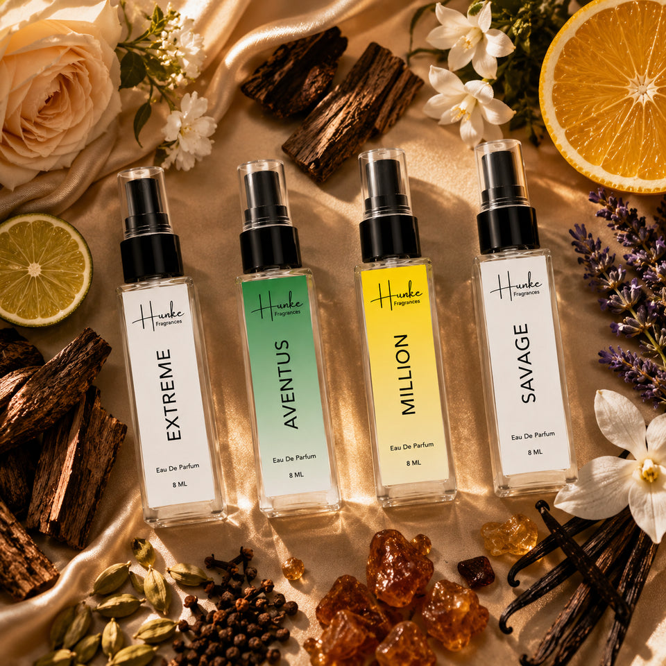 HUNKE EDP Inspired Perfume Set for Men & Women | Set of 4 Premium Long Lasting Fragrances | 8 ml Each | Travel Size Mini Perfume Gift Set | Eau de Parfum Collection - Extreme, Aventus, Million, Savage