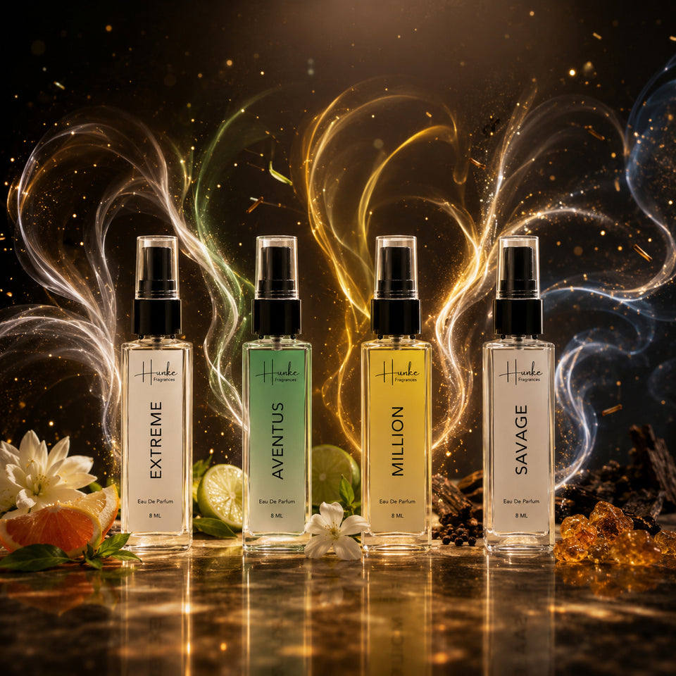 HUNKE EDP Inspired Perfume Set for Men & Women | Set of 4 Premium Long Lasting Fragrances | 8 ml Each | Travel Size Mini Perfume Gift Set | Eau de Parfum Collection - Extreme, Aventus, Million, Savage