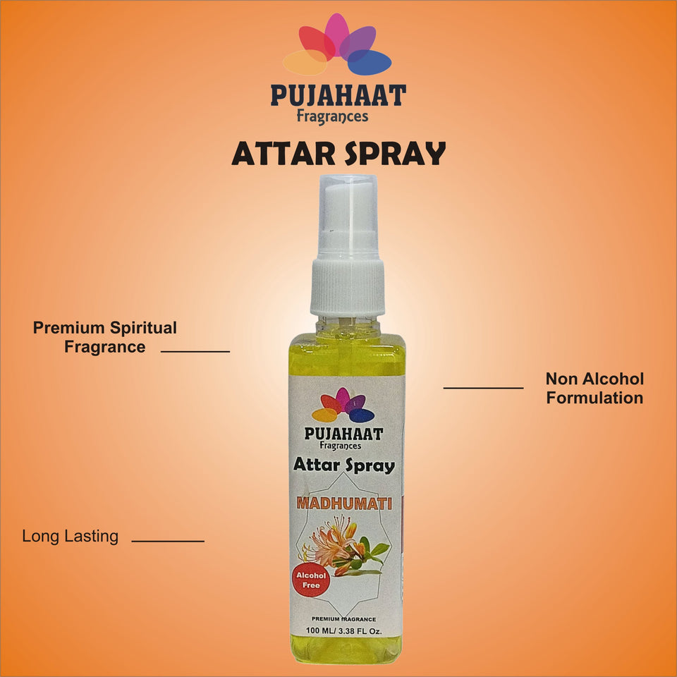 Madhumati | Honey Suckle Attar Spray by Pujahaat | 100 ml Non Alcoholic Spray | Religious Mist | Air Freshener, Room Mist, Fabric & Linen Spray | Perfect for Prayers Rooms, Living Room, sofas, curtains, car