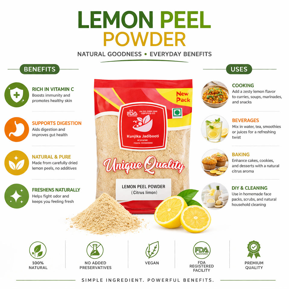 Kunjika Jadibooti Lemon Peel Powder | Citrus Limon | Pure & Natural Lemon Peel Powder for face, Skin Whitening | Face Pack Glowing skin | Face Cleanse - 100 gm