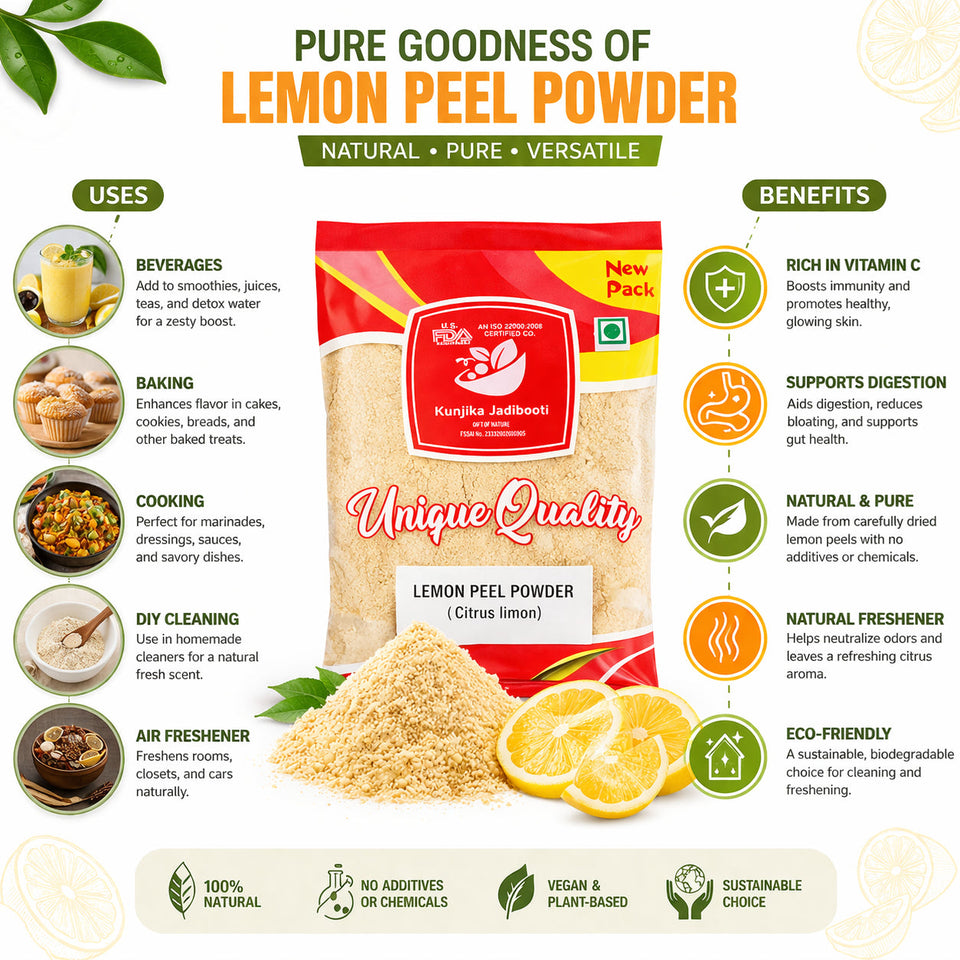 Kunjika Jadibooti Lemon Peel Powder | Citrus Limon | Pure & Natural Lemon Peel Powder for face, Skin Whitening | Face Pack Glowing skin | Face Cleanse - 100 gm