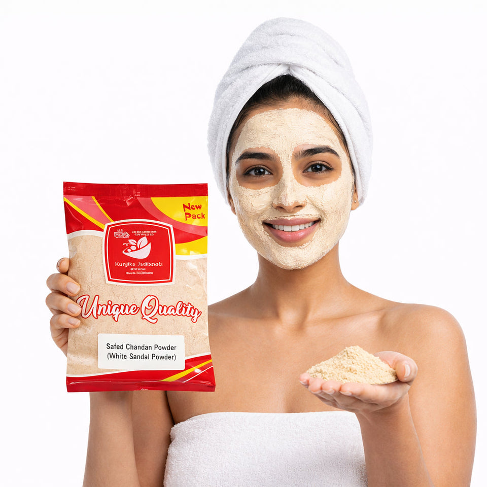 Kunjika Jadibooti Pure White Chandan Powder | White Sandalwood | Safed Chandan for Skin Whitening, Pooja | Chandan Powder For Face Pack | For Facial Uses - 100 gm