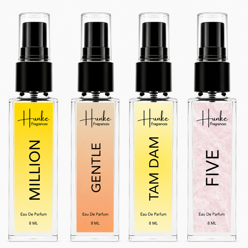 HUNKE EDP Inspired Perfume Set for Men & Women | Set of 4 Premium Long Lasting Fragrances | 8 ml Each | Travel Size Mini Perfume Gift Set | Eau de Parfum Collection - Million, Tam Dam, Gentle, Five