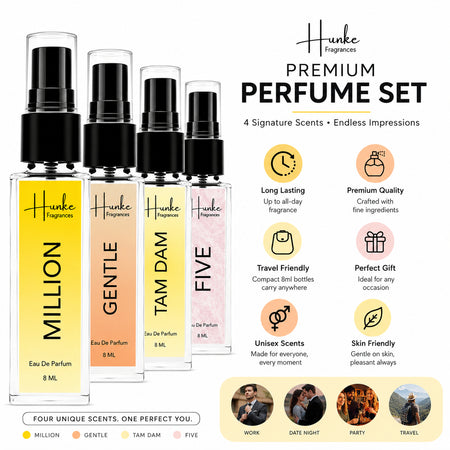 HUNKE EDP Inspired Perfume Set for Men & Women | Set of 4 Premium Long Lasting Fragrances | 8 ml Each | Travel Size Mini Perfume Gift Set | Eau de Parfum Collection - Million, Tam Dam, Gentle, Five