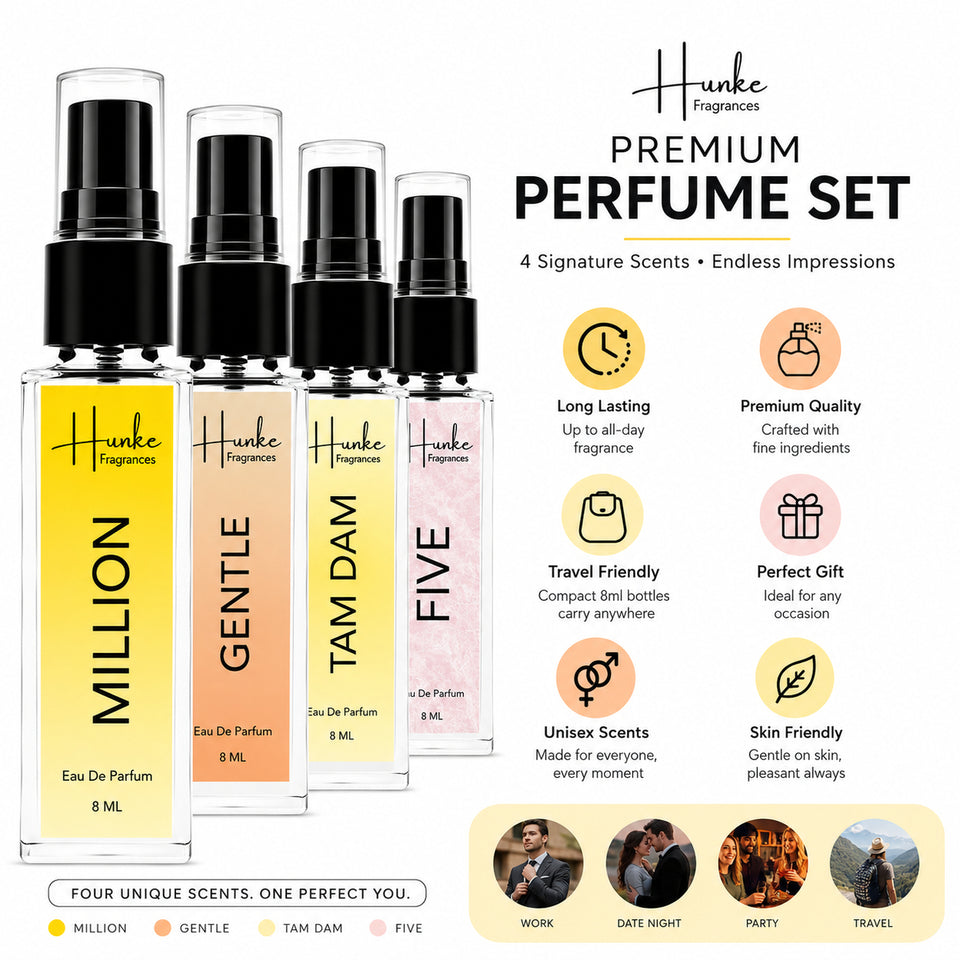 HUNKE EDP Inspired Perfume Set for Men & Women | Set of 4 Premium Long Lasting Fragrances | 8 ml Each | Travel Size Mini Perfume Gift Set | Eau de Parfum Collection - Million, Tam Dam, Gentle, Five