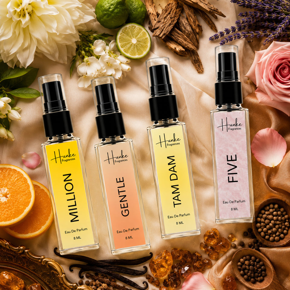 HUNKE EDP Inspired Perfume Set for Men & Women | Set of 4 Premium Long Lasting Fragrances | 8 ml Each | Travel Size Mini Perfume Gift Set | Eau de Parfum Collection - Million, Tam Dam, Gentle, Five