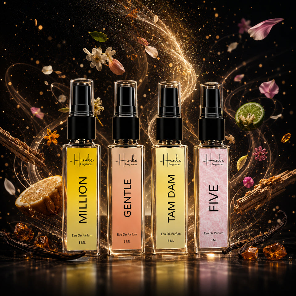HUNKE EDP Inspired Perfume Set for Men & Women | Set of 4 Premium Long Lasting Fragrances | 8 ml Each | Travel Size Mini Perfume Gift Set | Eau de Parfum Collection - Million, Tam Dam, Gentle, Five