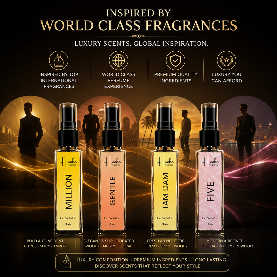 HUNKE EDP Inspired Perfume Set for Men & Women | Set of 4 Premium Long Lasting Fragrances | 8 ml Each | Travel Size Mini Perfume Gift Set | Eau de Parfum Collection - Million, Tam Dam, Gentle, Five