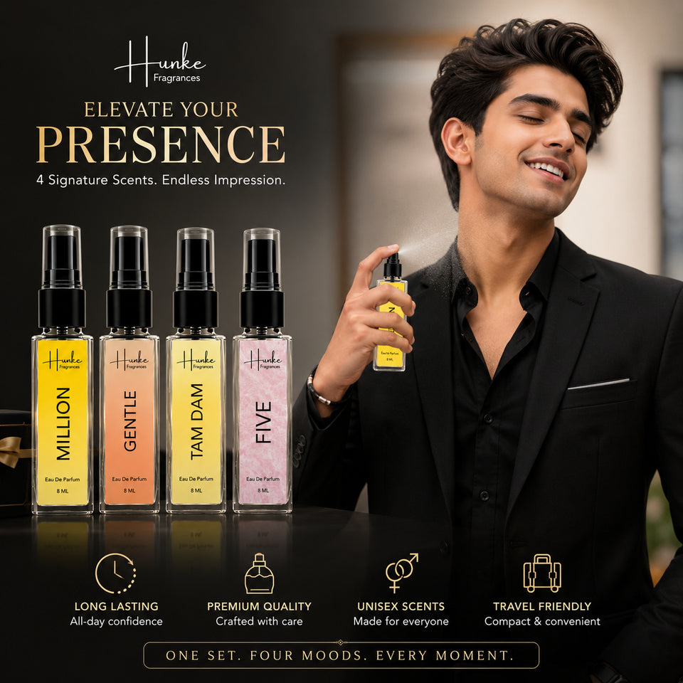 HUNKE EDP Inspired Perfume Set for Men & Women | Set of 4 Premium Long Lasting Fragrances | 8 ml Each | Travel Size Mini Perfume Gift Set | Eau de Parfum Collection - Million, Tam Dam, Gentle, Five