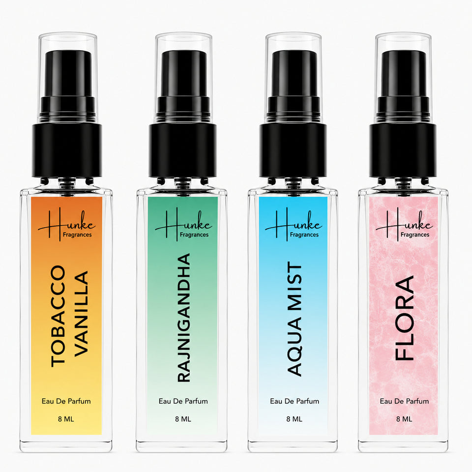 HUNKE EDP Inspired Perfume Set for Men & Women | Set of 4 Premium Long Lasting Fragrances | 8 ml Each | Travel Size Mini Perfume Gift Set | Eau de Parfum Collection - Tobaco Vanilla, Rajnigandha, Aqua Mist, Flora