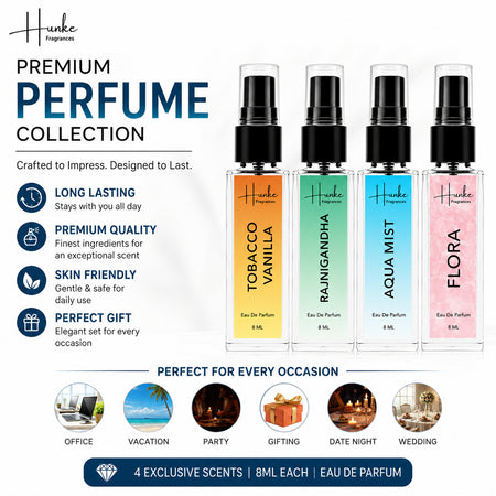 HUNKE EDP Inspired Perfume Set for Men & Women | Set of 4 Premium Long Lasting Fragrances | 8 ml Each | Travel Size Mini Perfume Gift Set | Eau de Parfum Collection - Tobaco Vanilla, Rajnigandha, Aqua Mist, Flora