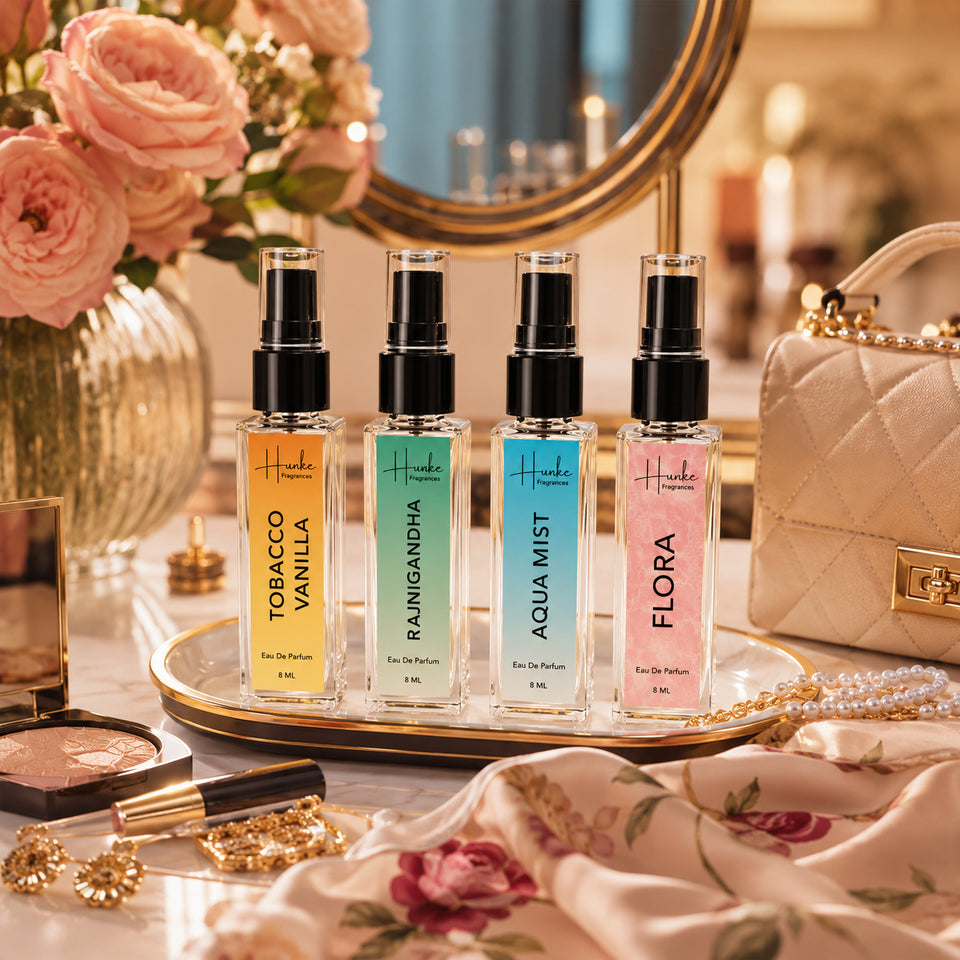 HUNKE EDP Inspired Perfume Set for Men & Women | Set of 4 Premium Long Lasting Fragrances | 8 ml Each | Travel Size Mini Perfume Gift Set | Eau de Parfum Collection - Tobaco Vanilla, Rajnigandha, Aqua Mist, Flora