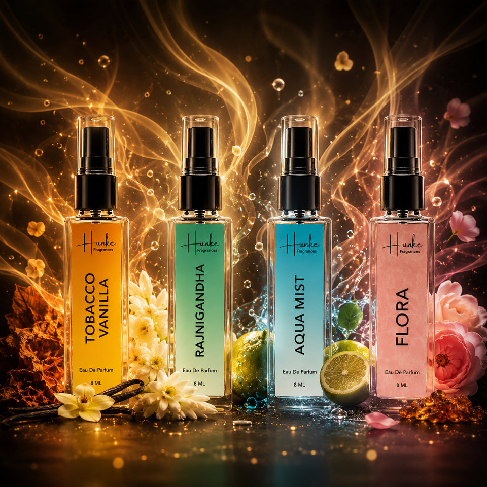 HUNKE EDP Inspired Perfume Set for Men & Women | Set of 4 Premium Long Lasting Fragrances | 8 ml Each | Travel Size Mini Perfume Gift Set | Eau de Parfum Collection - Tobaco Vanilla, Rajnigandha, Aqua Mist, Flora