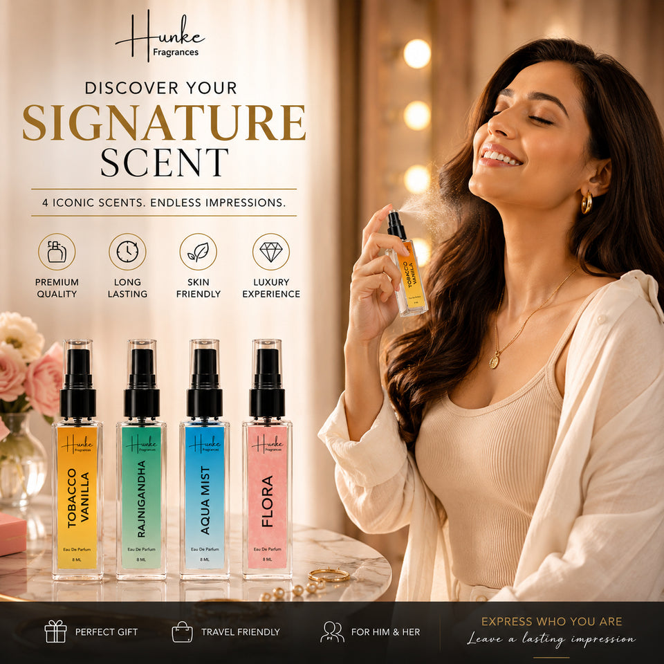 HUNKE EDP Inspired Perfume Set for Men & Women | Set of 4 Premium Long Lasting Fragrances | 8 ml Each | Travel Size Mini Perfume Gift Set | Eau de Parfum Collection - Tobaco Vanilla, Rajnigandha, Aqua Mist, Flora