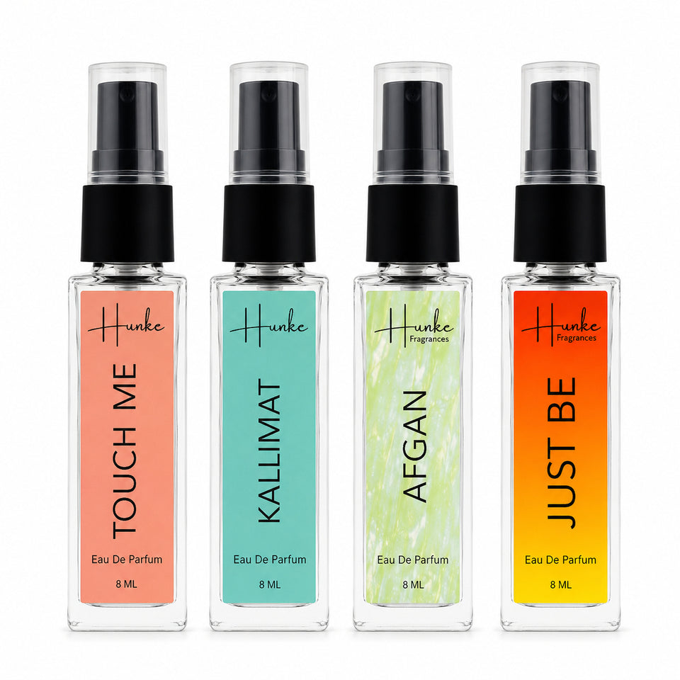HUNKE EDP Inspired Perfume Set for Men & Women | Set of 4 Premium Long Lasting Fragrances | 8 ml Each | Travel Size Mini Perfume Gift Set | Eau de Parfum Collection - Touch me, Kallimat, Afgan, Just Be