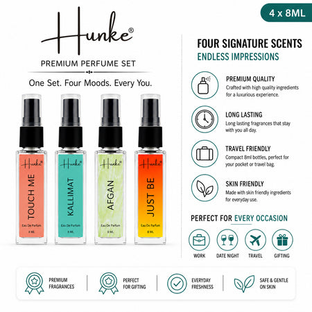 HUNKE EDP Inspired Perfume Set for Men & Women | Set of 4 Premium Long Lasting Fragrances | 8 ml Each | Travel Size Mini Perfume Gift Set | Eau de Parfum Collection - Touch me, Kallimat, Afgan, Just Be