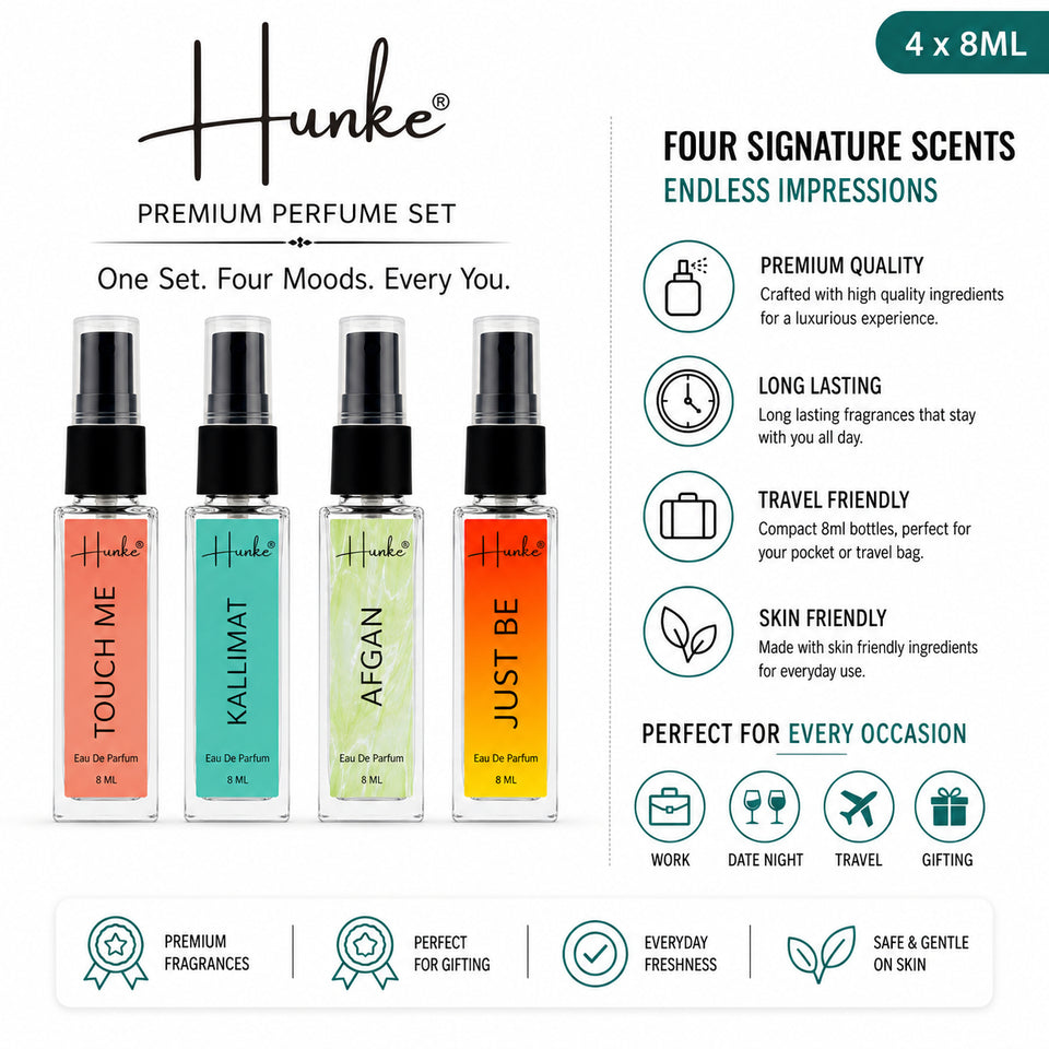 HUNKE EDP Inspired Perfume Set for Men & Women | Set of 4 Premium Long Lasting Fragrances | 8 ml Each | Travel Size Mini Perfume Gift Set | Eau de Parfum Collection - Touch me, Kallimat, Afgan, Just Be