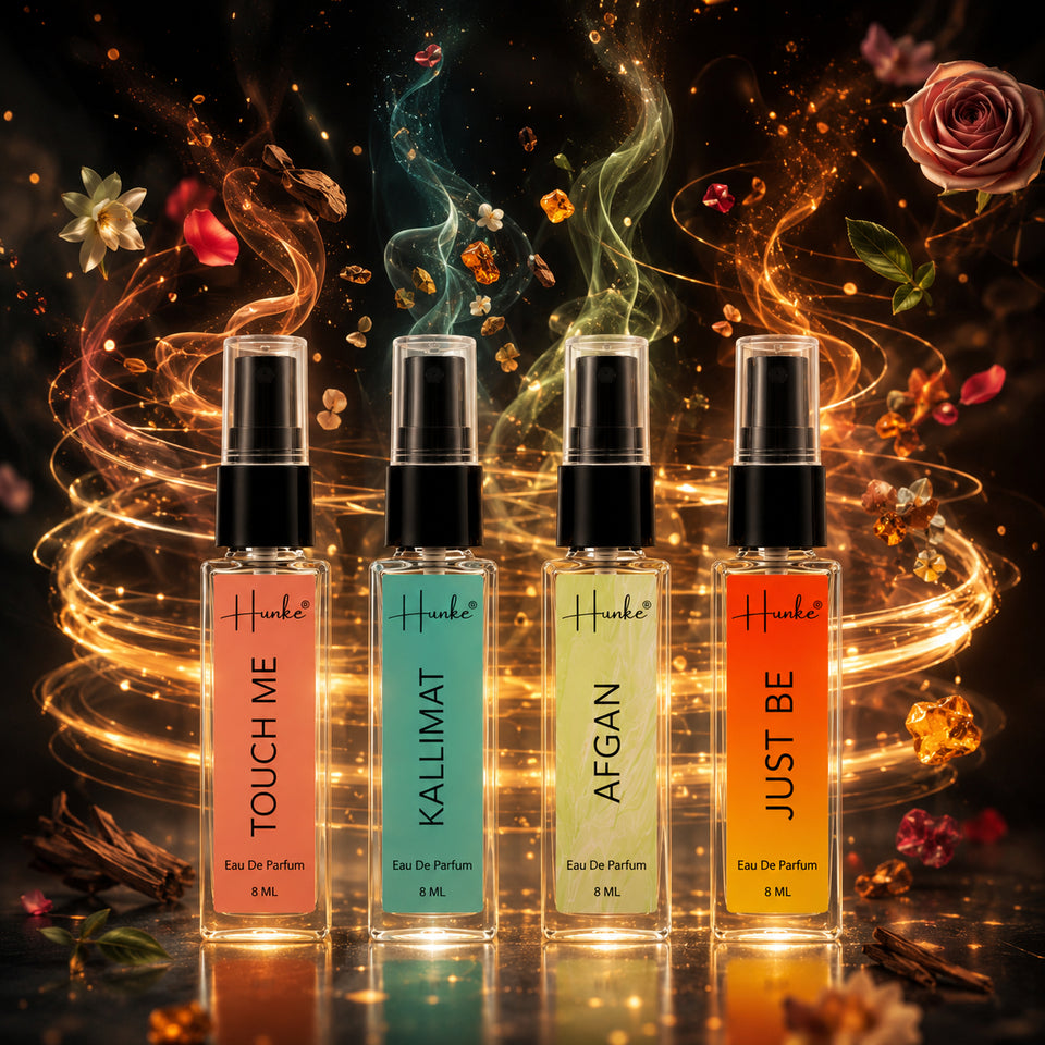 HUNKE EDP Inspired Perfume Set for Men & Women | Set of 4 Premium Long Lasting Fragrances | 8 ml Each | Travel Size Mini Perfume Gift Set | Eau de Parfum Collection - Touch me, Kallimat, Afgan, Just Be