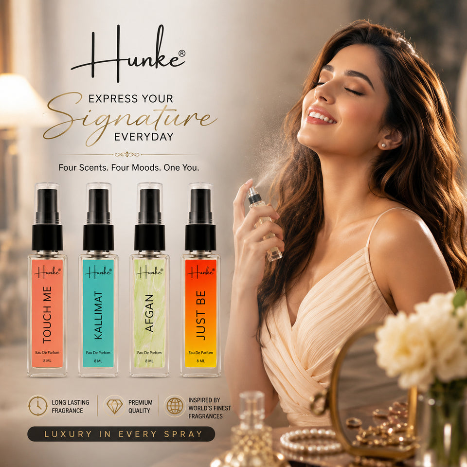 HUNKE EDP Inspired Perfume Set for Men & Women | Set of 4 Premium Long Lasting Fragrances | 8 ml Each | Travel Size Mini Perfume Gift Set | Eau de Parfum Collection - Touch me, Kallimat, Afgan, Just Be