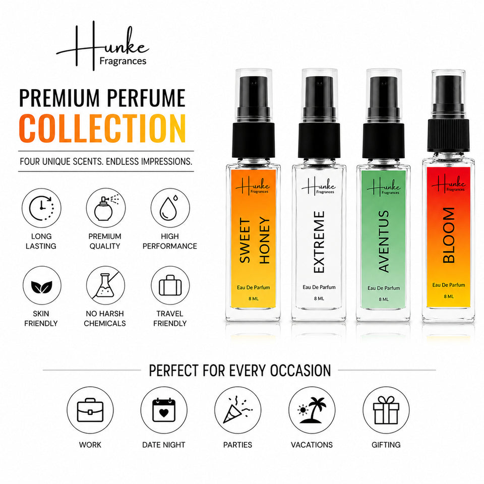 HUNKE EDP Inspired Perfume Set for Men & Women | Set of 4 Premium Long Lasting Fragrances | 8 ml Each | Travel Size Mini Perfume Gift Set | Eau de Parfum Collection - Sweet Honey, Extreme, Aventus, Bloom